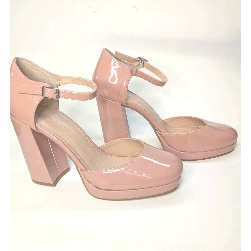 Madden Girl Una Pumps Blush Pink Patent Leather Block Heel Buckle PinUp Shoe 7.5